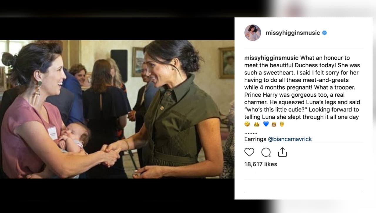 Sin embargo, 
<b><a href="http://https://www.instagram.com/missyhigginsmusic/">a través de Instagram, Missy Higgins publicó esta imagen</a></b> sobre su encuentro con los duques de Sussex, junto a un mensaje en el que reveló un dato interesante.