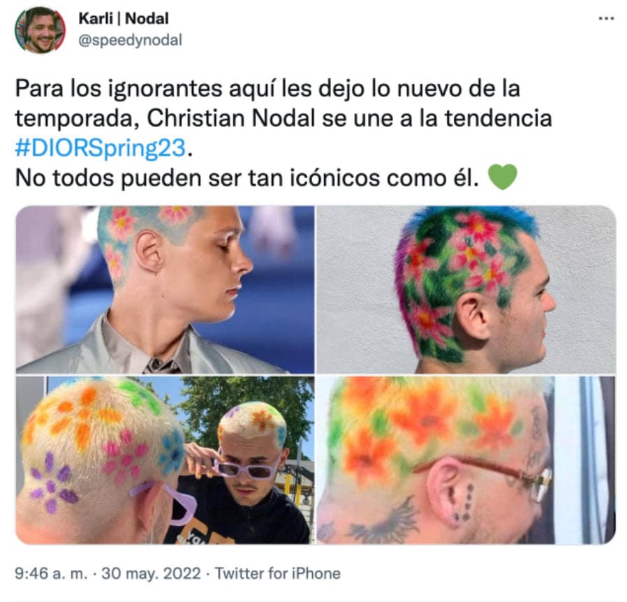 Según sus fanáticos se inspiró en la nueva colección de la firma Christian Dior, pues en su reciente pasarela los modelos lucieron el cabello teñido con flores de colores, parecido al que eligió Nodal.
<br>