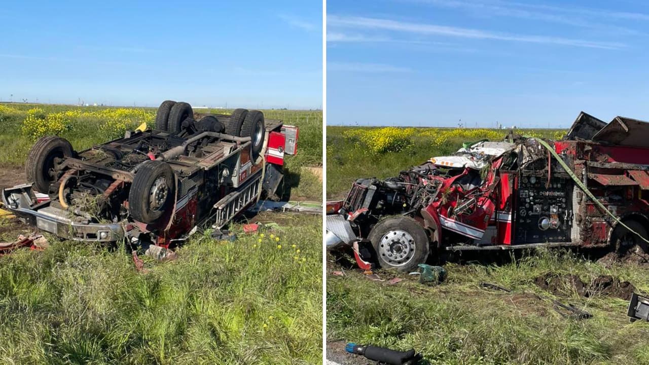 Camión de Bomberos de Tulare vuelca en la carretera; no hay heridos de consideración
