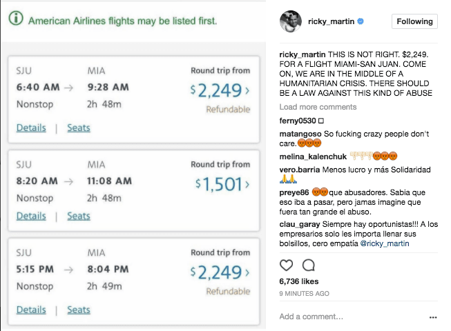 Esta es la publicación a través de la cual Ricky Martin censura a las líneas aéreas que ofrecen servicio desde y hacia su isla.