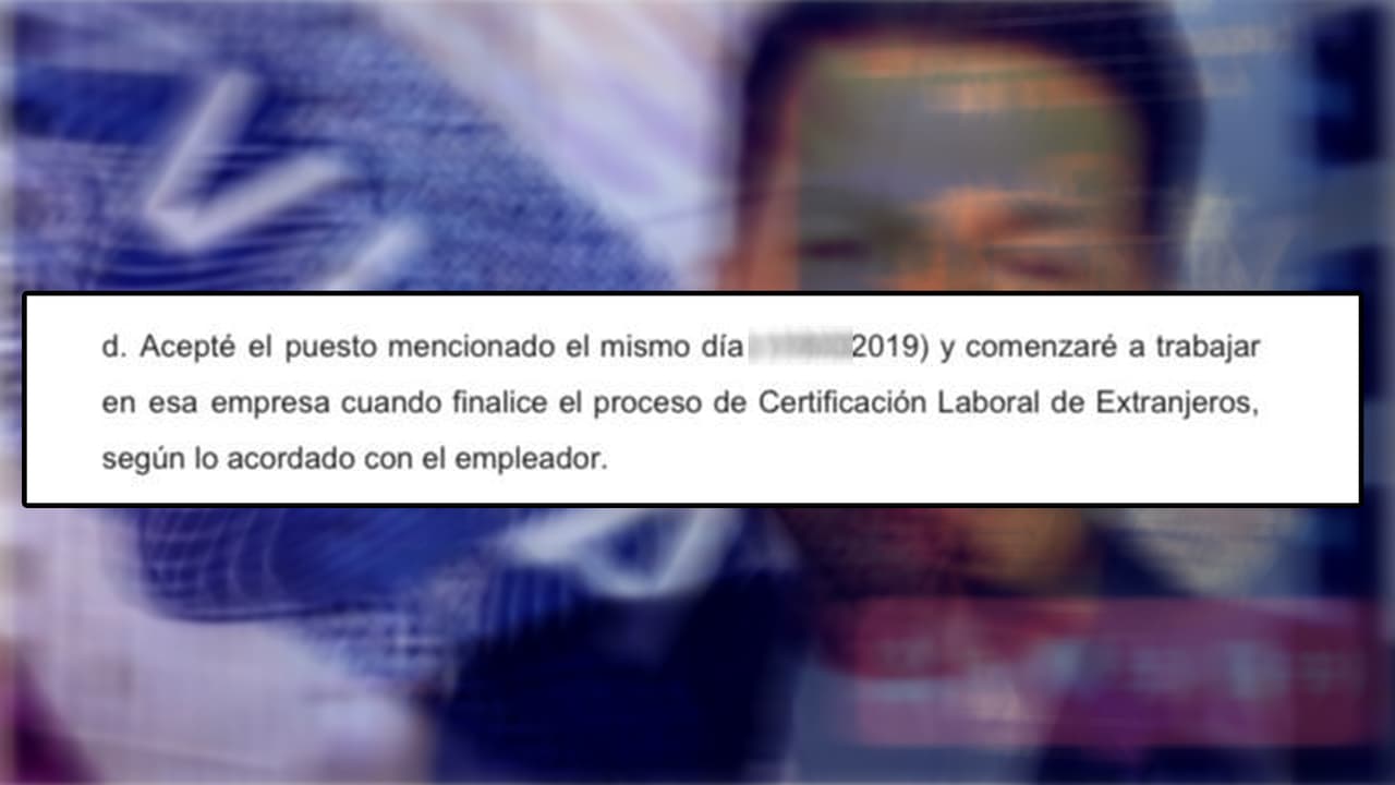 Personas entrevistadas por 
<i>Univision 32</i> compartieron parte de aparente contrato enviado presuntamente por Molina. Indica que aceptan un empleo con Hercules Staffing y que empezarán cuando finalice el proceso del certificado laboral, sin embargo, los entrevistados afirman que empezaron a trabajar durante el proceso.