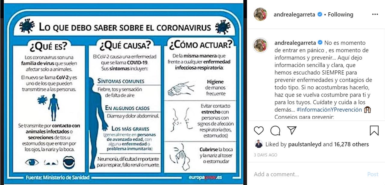"
<b>Es momento de informarnos y prevenir</b>... Aquí dejo información sencilla y clara, que hemos escuchado siempre para prevenir enfermedades y contagios de todo tipo", escribió.
<br>