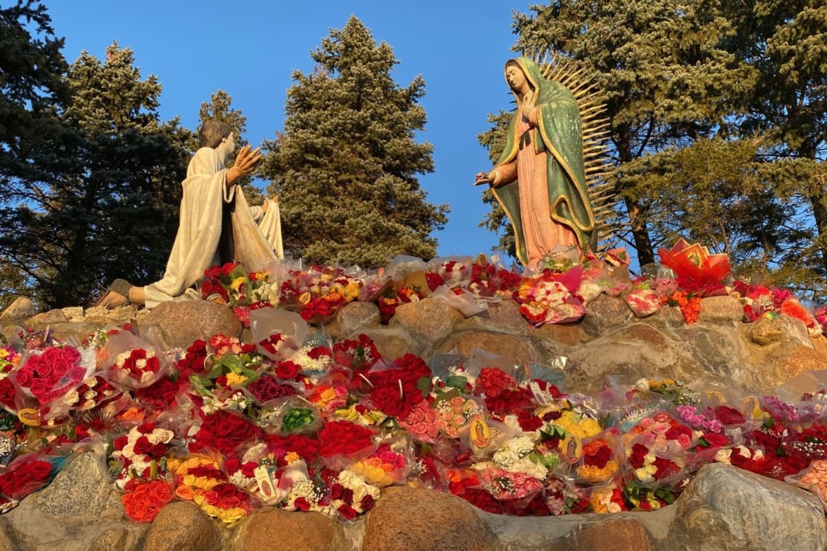 Esta escena representa justo el momento en el que la Virgen de Guadalupe se aparece frente a Juan Diego, en el Cerro del Tepeyac en 1531. Fueron cuatro veces las apariciones, siendo la última el 12 de diciembre.