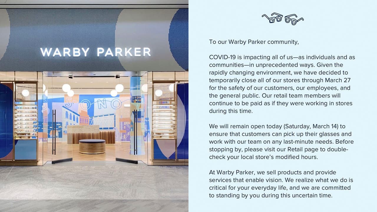 Warby Parker le seguirá pagando a todos sus trabajadores a pesar de tener cerradas sus tiendas hasta el 27 de marzo.