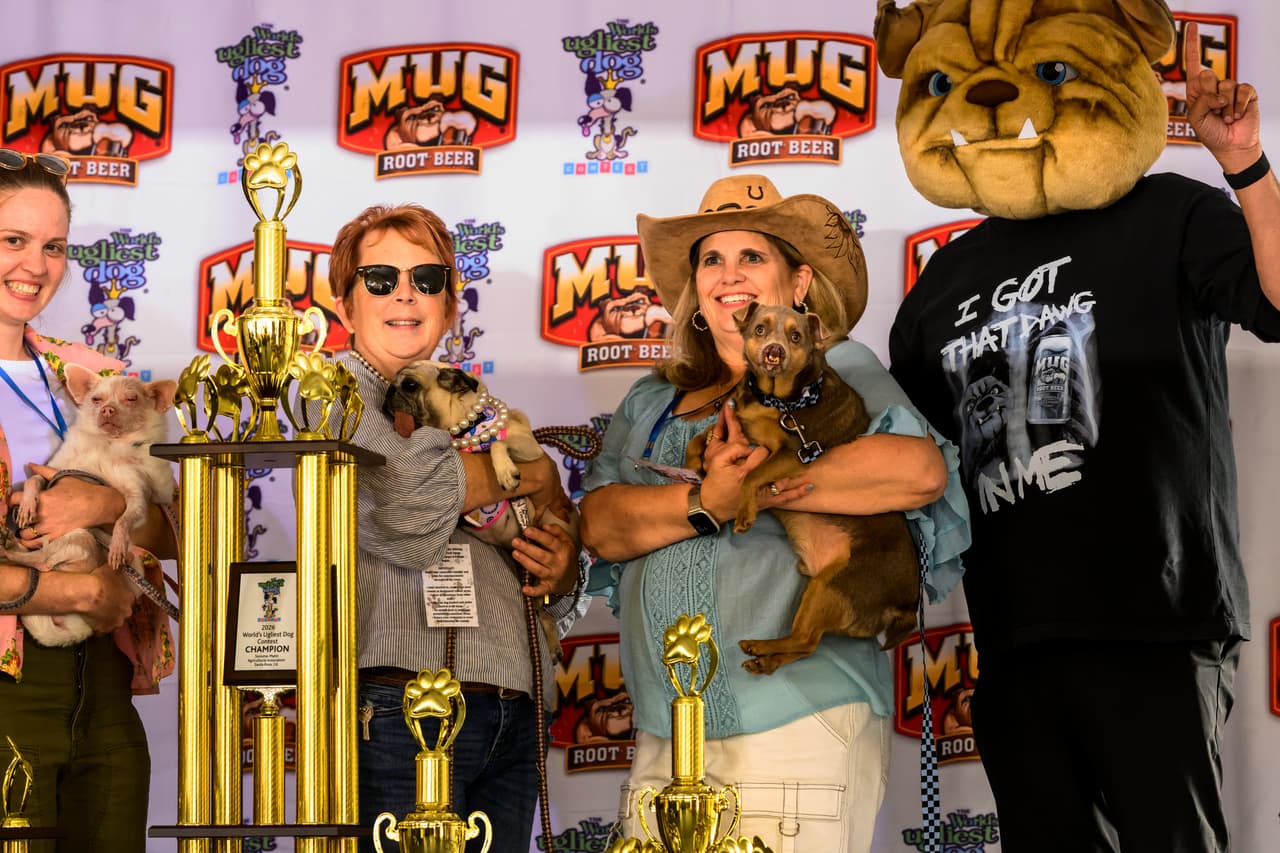 Los ganadores posan con sus trofeos durante el concurso del perro más feo del mundo en la Feria del Condado de Sonoma en Santa Rosa, California, el viernes 14 de agosto de 2026.