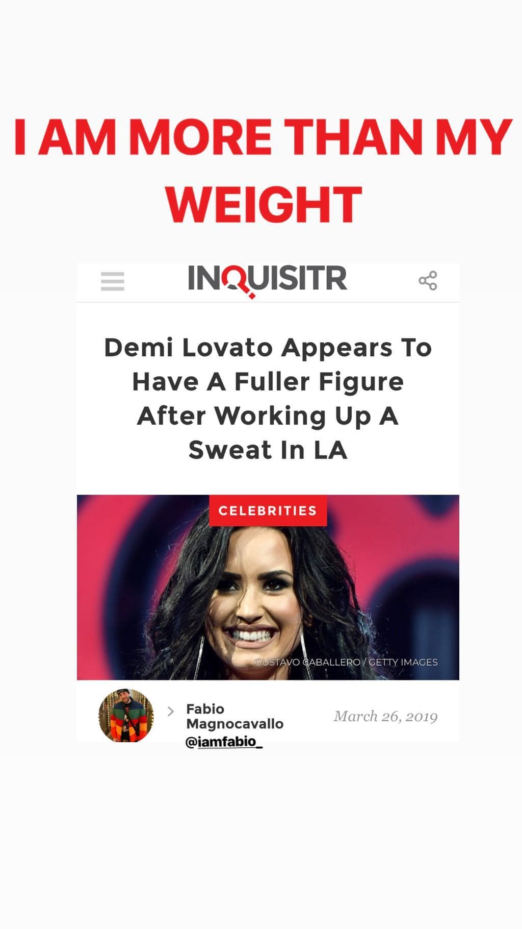 La intérprete de 26 años, simplemente respondió con este mensaje en mayúsculas: “Soy más que mi peso”.
<br>