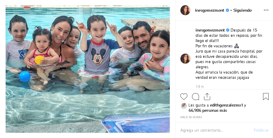 Después de tener a tres de sus hijos enfermos de influenza, la conductora y empresaria Inés Gómez Mont tomó los días de asueto con sus “pulgas”, su esposo y la familia de su hermana. No dice el lugar, pero han disfrutado los días de sol en la alberca y también hicieron una visita a un estadio de béisbol de la Ciudad de México.