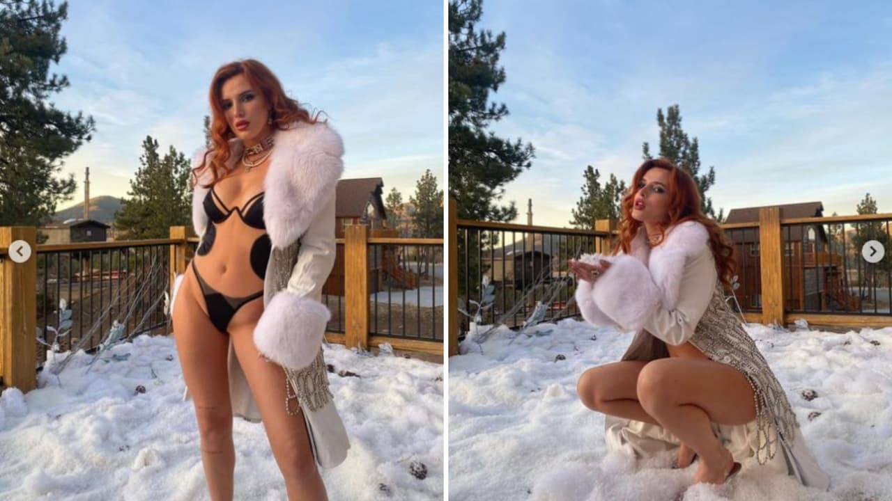 <b>Bella Thorne</b>
<br>En diciembre de 2019, Bella Thorne cubrió su cuerpo con un abrigo blanco que contrastó con su traje de baño negro. Con este look, la cantante jugó con la nieve.
