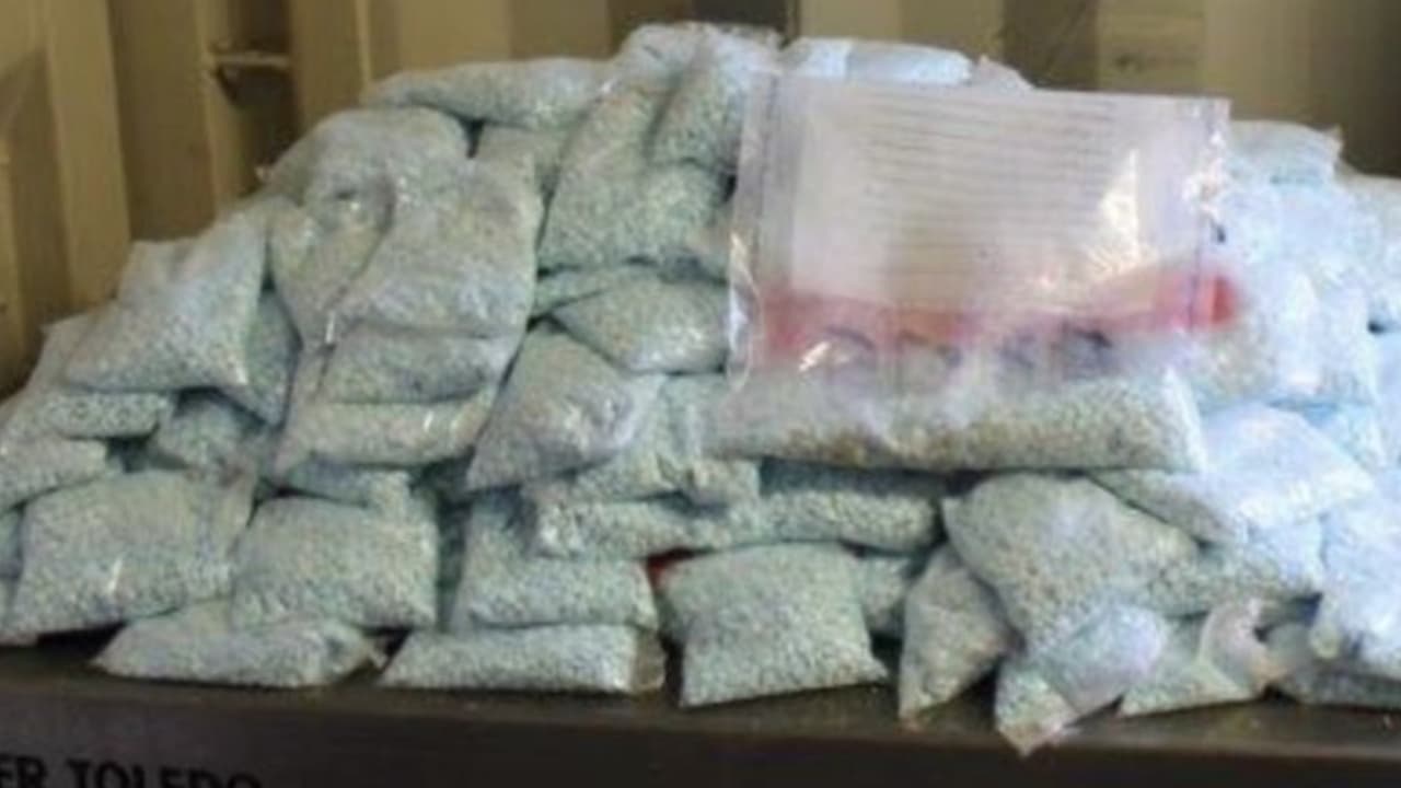 Esta es la droga que se encontró en los cargamentos, se pueden observar varios paquetes con bolsas transparentes que incluyen pastillas de fentanilo.