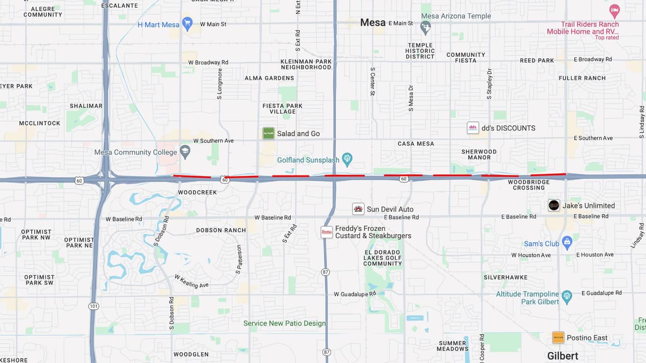 <b>Ruta Estatal 60 oeste</b>
<br>La autopista US 60 en dirección oeste se reducirá a tres carriles entre las calles Gilbert y Dobson, desde las 9 p.m. del viernes 16 de agosto y hasta las 5 a.m. del lunes 19 de agosto.
<br>
<br>Las rampas de acceso a la autopista US 60 en dirección oeste entre las calles Gilbert y Dobson estarán cerradas. 
<br>
<br>
<b>Rutas alternas</b>
<br>Calcule tiempo de viaje adicional y considere salir antes de la zona de trabajo mientras las rampas estén cerradas, y usar Baseline Road o Southern Avenue como rutas alternativas.
<br>
<br>Para conocer las condiciones de las carreteras en tiempo real puede visitar la página del 
<a href="https://www.az511.gov/" target="_blank">Departamento de Transporte de Arizona</a>, o llamar al 511.