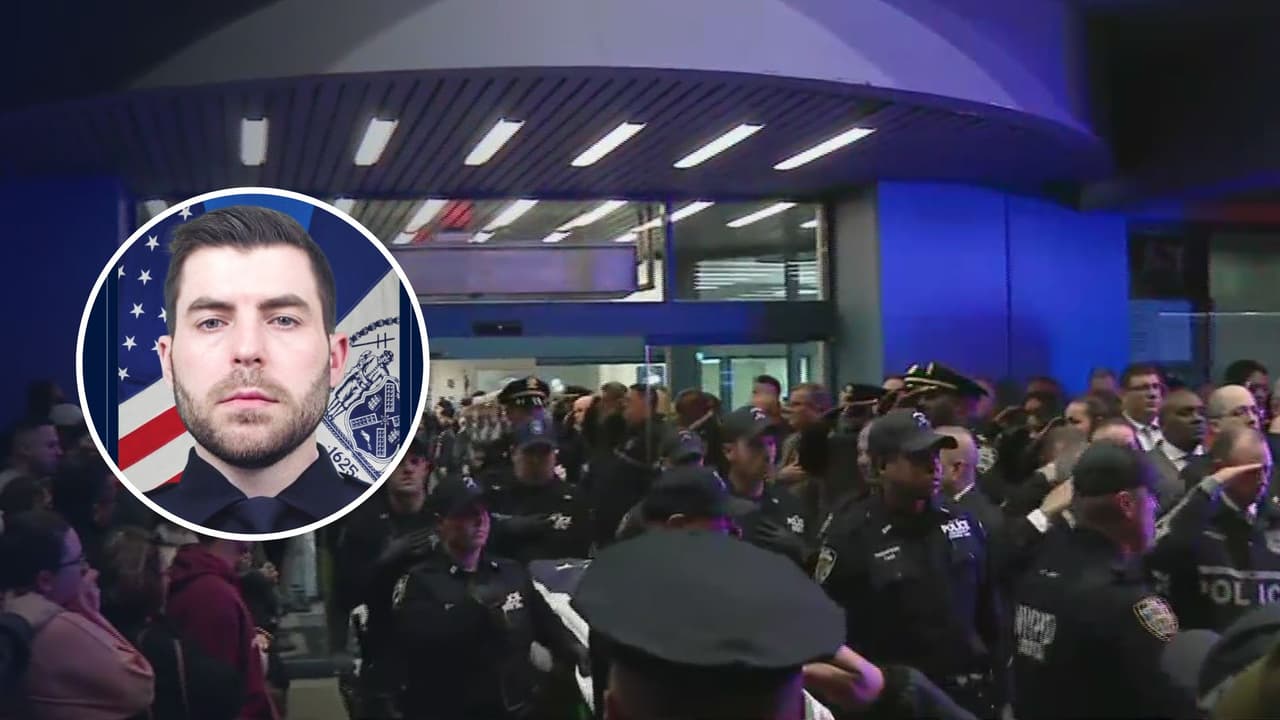 Compañeros rinden honores a policía asesinado en Queens; identifican a presunto homicida