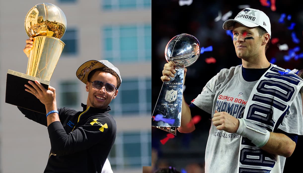 Los Playoffs son un mecanismo muy común en los deportes norteamericanos para definir al campeón de una liga deportiva. Aquí, vemos a los dos más recientes campeones de la NBA, Golden State Warriors, y la NFL, New England Patriots.