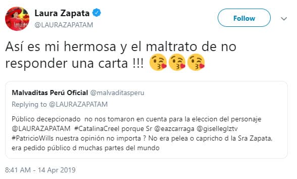 Y los apoyó por alzar la voz para pedir que fuera ella quien diera vida a la gran villana de 'Cuna de lobos'.