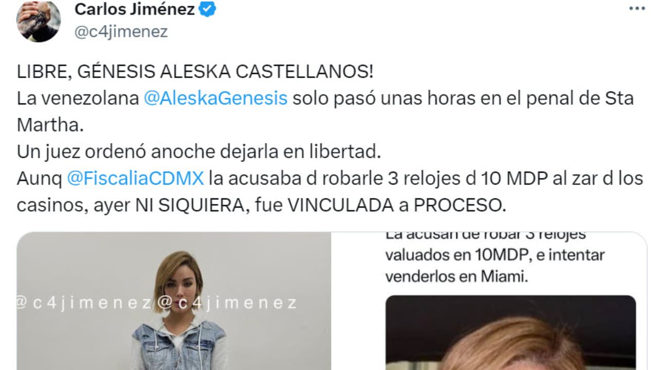 Según el periodista Carlos Jiménez, Aleska Génesis habría sido puesta en libertad tras ser detenida en México y lleva a prisión.