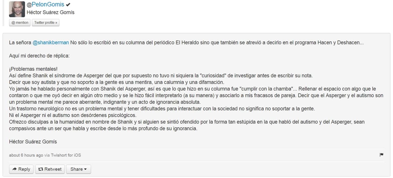 Gomís publicó su derecho de réplica donde se disculpó a nombre de Shanik según explica, de manera estúpida.