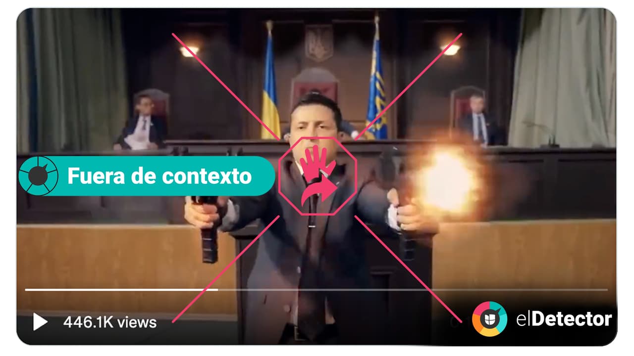<h3 class="cms-H3-H3"><b>Volodymyr Zelensky disparando, pero en una película de ficción</b></h3>
<b> </b>Está 
<b>fuera de contexto</b> el vídeo en el que se ve al actual presidente de Ucrania, Volodymyr Zelensky, disparando en el interior de lo que parece ser la sala de un Tribunal, 
<a href="https://docs.google.com/drawings/d/19t4HStS1X8VzJPRaNtZ-H9jWYSbBUvEddK_YBe_NDoE/edit?usp=sharing"><u>como se dice en redes sociales</u></a>.
<br>
<br>
<b>Las imágenes, en realidad, son de una película que protagonizó Zelensky en 2017, </b>la
<b> </b>comedia “Servidor del Pueblo 2”, 
<a href="https://youtu.be/T9kL5XSMBxo?t=279"><u>que podemos encontrar en YouTube</u></a>. 
<br>
<br>Se estrenó prácticamente dos años antes de que Zelensky 
<a href="https://www.president.gov.ua/en/president/biografiya"><u>fuera elegido como presidente de Ucrania</u></a>, en 2019. 
<br>
<br>
<a href="https://www.univision.com/noticias/mundo/volodimir-zelensky-presidente-ucrania-perfil"><u>Antes de ser político, Zelensky fue actor cómico</u></a>. Se hizo popular en Ucrania con una serie del mismo nombre de la película, cuyo último capítulo se transmitió un mes antes de que llegara a la presidencia, 
<a href="https://www.univision.com/noticias/mundo/volodimir-zelensky-presidente-ucrania-perfil"><u>reseñó </u><b>Univision Noticias. </b></a>
<br>