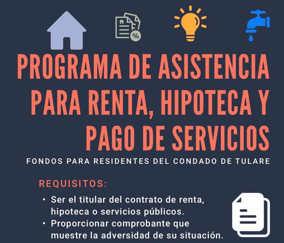 El condado de Tulare distribuye recursos para las familias necesitadas a través de la organización United Way, previa solicitud de los interesados. 
<b><a href="https://www.univision.com/local/fresno-kftv/en-este-condado-te-ayudan-a-pagar-la-renta-la-hipoteca-y-con-la-despensa-del-mes">La ayuda va desde dinero para el pago de la renta, servicios públiccos, alimentos y transporte. </a></b>
<br>
<br>Para preguntas sobre elegibilidad y requisitos, 
<b><a href="https://www.unitedwaytc.org/direct-services?fbclid=IwAR3VfZpWY2eEPWuRoMseHDFEO2z41QfyU23pkvL8w3gj1Vwj5_FsXuAYKgY" target="_blank">revisar este enlace</a></b> o llamar al (559) 685-1766
<br>
<br>