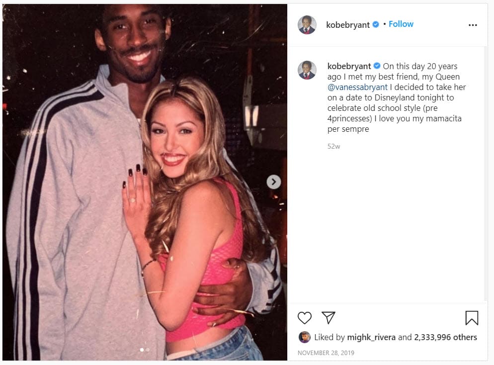 En 2019, 
<b>Kobe Bryant </b>le dedicó un mensaje de amor a Vanessa para conmemorar la fecha.
<br>