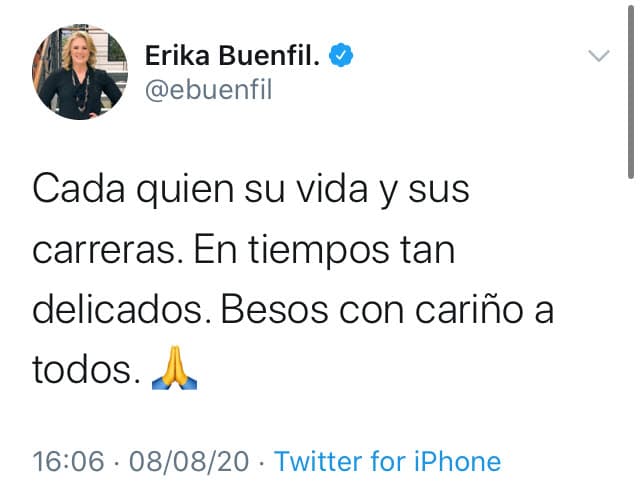En otro mensaje, la actriz de clásicos como 'Amor en silencio', dijo: "
<b><a href="https://twitter.com/ebuenfil/status/1292205641675800576  " target="_blank">Cada quien su vida y sus carreras</a></b>. En tiempos tan delicados. Besos con cariño a todos".
<br>