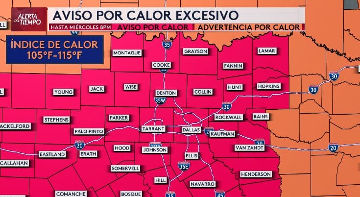 Emiten Aviso por calor excesivo en gran parte del norte de Texas, incluido Dallas – Fort Worth, hasta el miércoles 28 de junio a las 8 de la noche. Esto quiere decir que, en algunas comunidades, el índice de calor alcanzará los 115 grados.