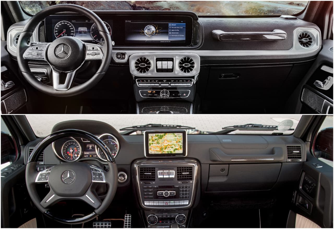 En esta imagen podemos apreciar el tablero de instrumentos y controles de la segunda generación de la Mercedes-Benz Clase-G (arriba) en contraste con el tablero del vehículo que reemplaza. Los años no pasan en vano.