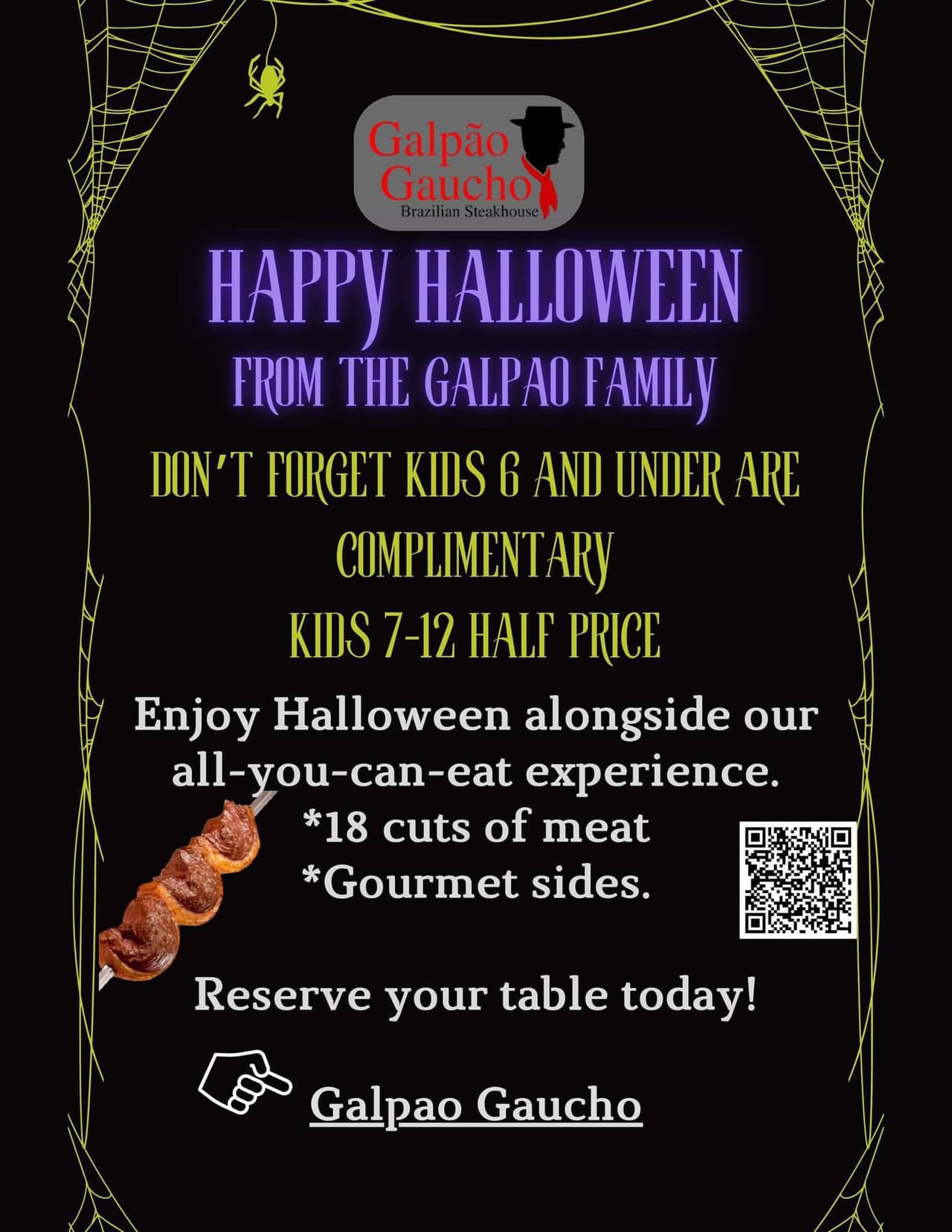 Galpao Gaucho no cobrará la comida de los niños menores de 6 años, mientras que niños entre 7 y 12 años solo pagan la mitad.