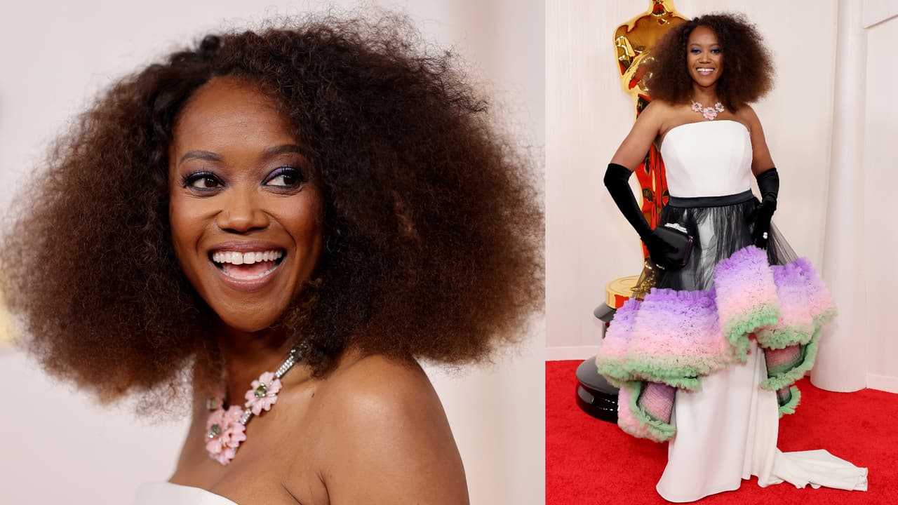 La actriz Erika Alexander, de la película 'American Fiction' llegó con esta colorida falda.