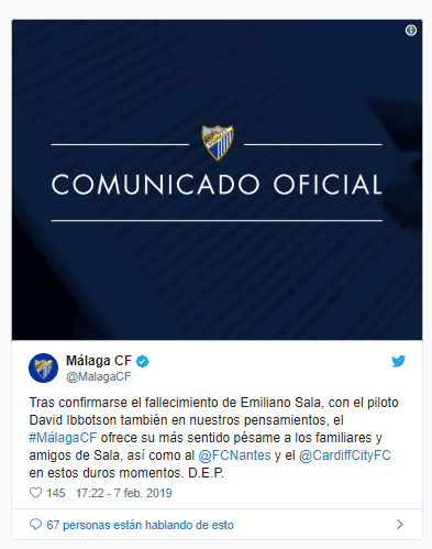 El club español, por ahora en la Segunda División, Málaga, se unió a los mensajes de pena por la muerte de Emiliano.