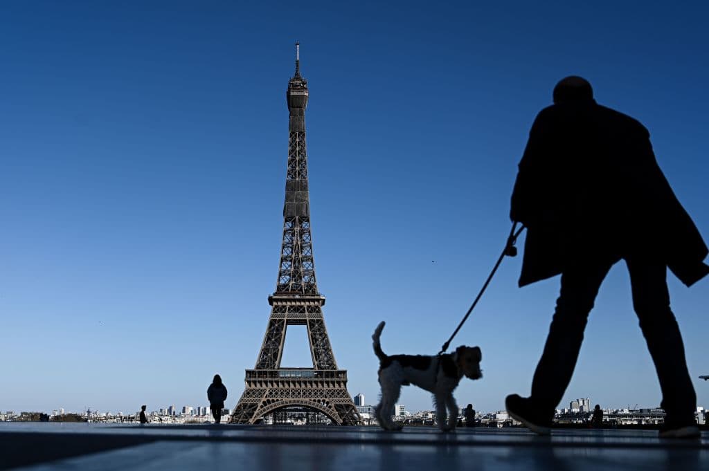 Un hombre camina con su perro cerca de la torre Eiffel en París.