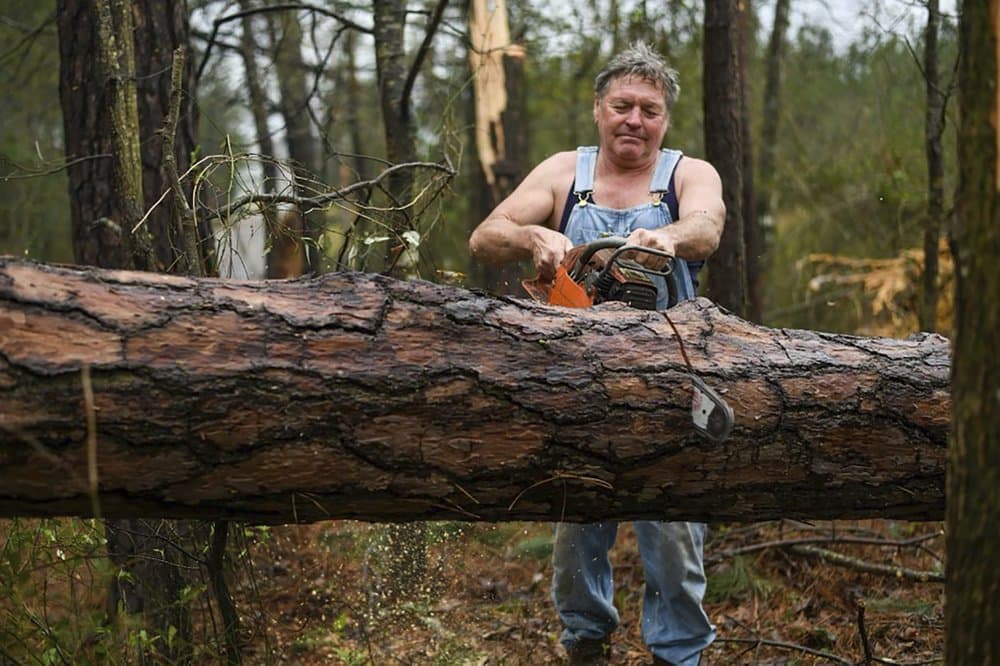 Mitch Hendry corta el tronco de un árbol que cayó sobre su propiedad debido al tornado que azotó Strengthford Cooley Road, en el condado de Wayne, Mississippi, este miércoles.