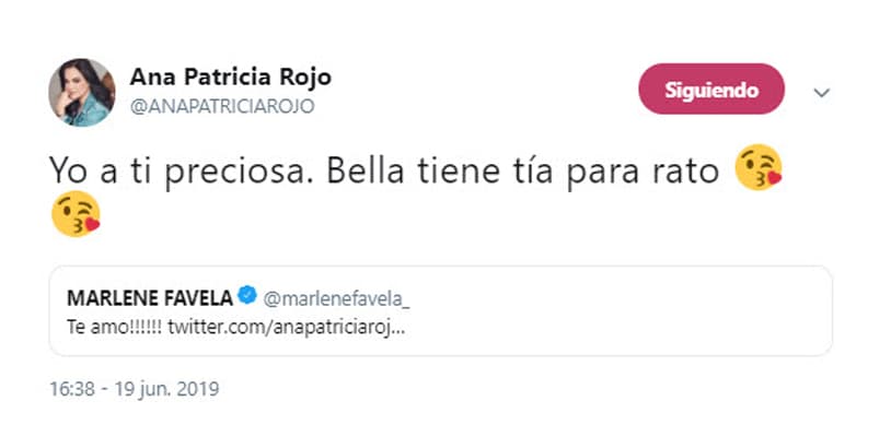 Marlene Favela, quien está embarazada y es gran amiga de Ana Patricia, también reaccionó con una muestra de cariño, por lo que la actriz respondió asegurando que "Bella tiene tía para rato".
<br>