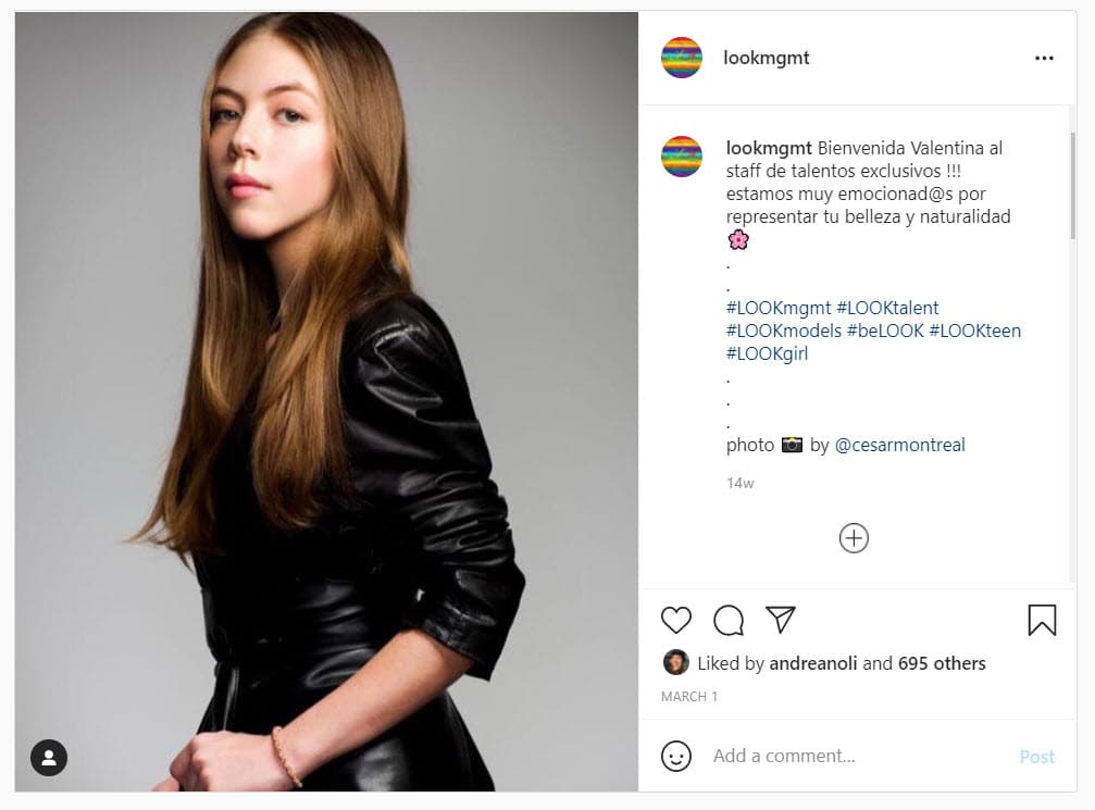 El 1 de marzo, la agencia International Model & Talent Look Management anunció en Instagram que Valentina Noli es parte del talento de la empresa: "Bienvenida Valentina al staff de talentos exclusivos. Estamos muy emocionados por representar tu belleza y naturalidad", se lee.
<br>