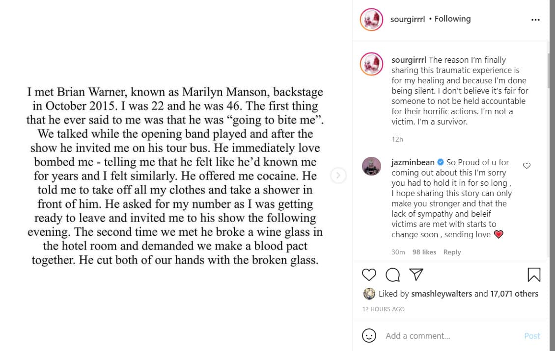 Otra mujer, que se identifica como Gabriella en Instagram, dio su testimonio para "su curación" y porque
<a href="https://www.instagram.com/p/CKvnbDTF1mb/" target="_blank">"no es justo que alguien no rinda cuentas por sus horribles acciones"</a>. Además de denunciar abusos sexuales, también lo acusó de racismo.