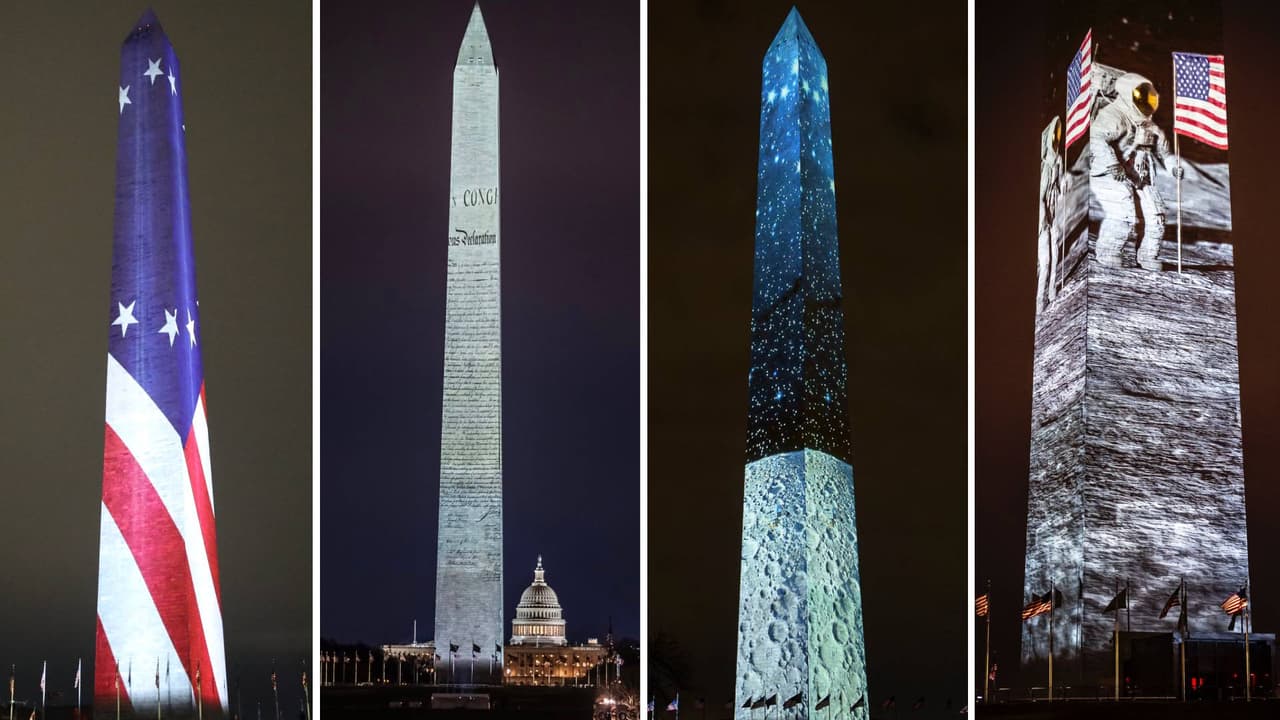 Luces y colores en el Monumento a Washington para celebrar el cumpleaños 250 de Estados Unidos
