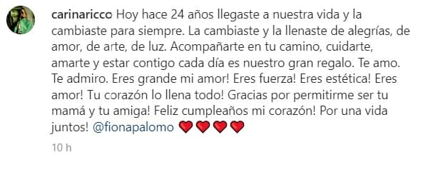 La también cantante señaló que su presencia en su vida la ha llenado de alegría y le expresó admiración. "Acompañarte en tu camino, cuidarte, amarte y estar contigo cada día es nuestro gran regalo. Te amo. Te admiro", se lee en una parte de la publicación.