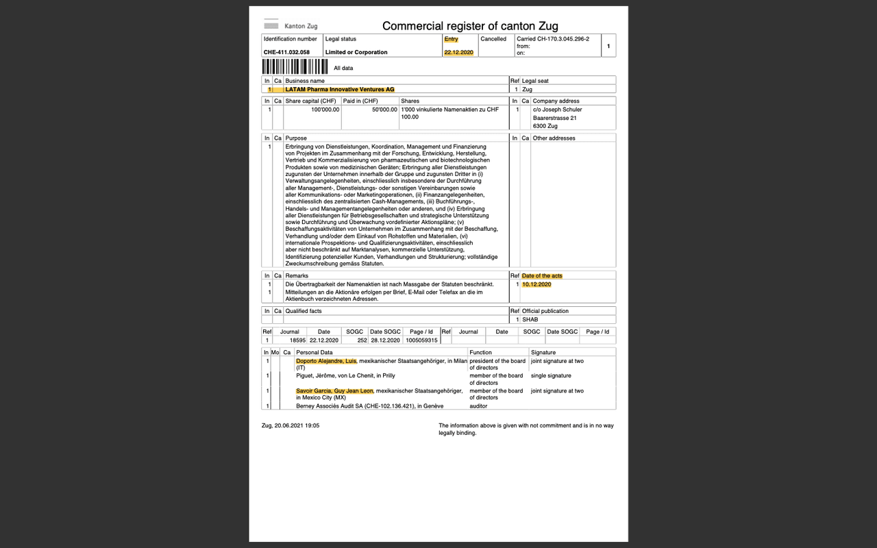 El registro corporativo suizo muestra que Latam Pharma fue constituida el 10 de diciembre y registrada ante las autoridades de ese país el 22 de diciembre de 2020.
