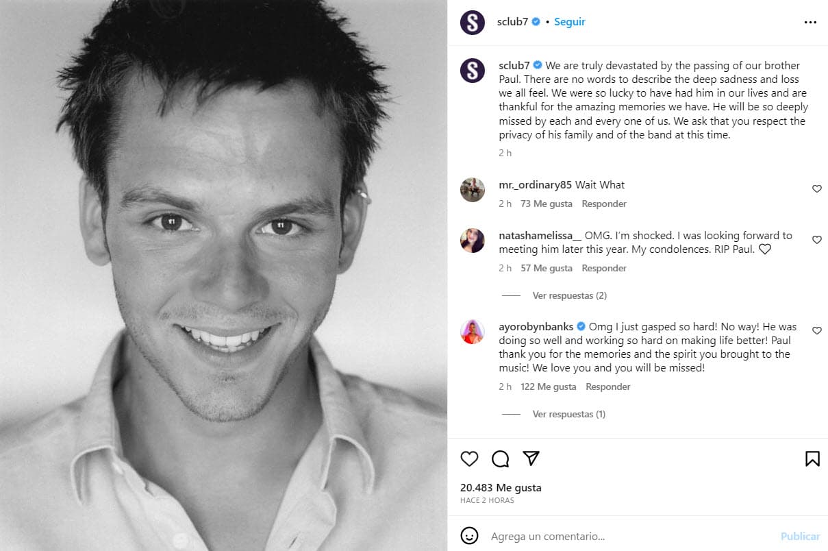 Comunicado de la agrupación S Club 7 por la muerte de Paul Cattermole.