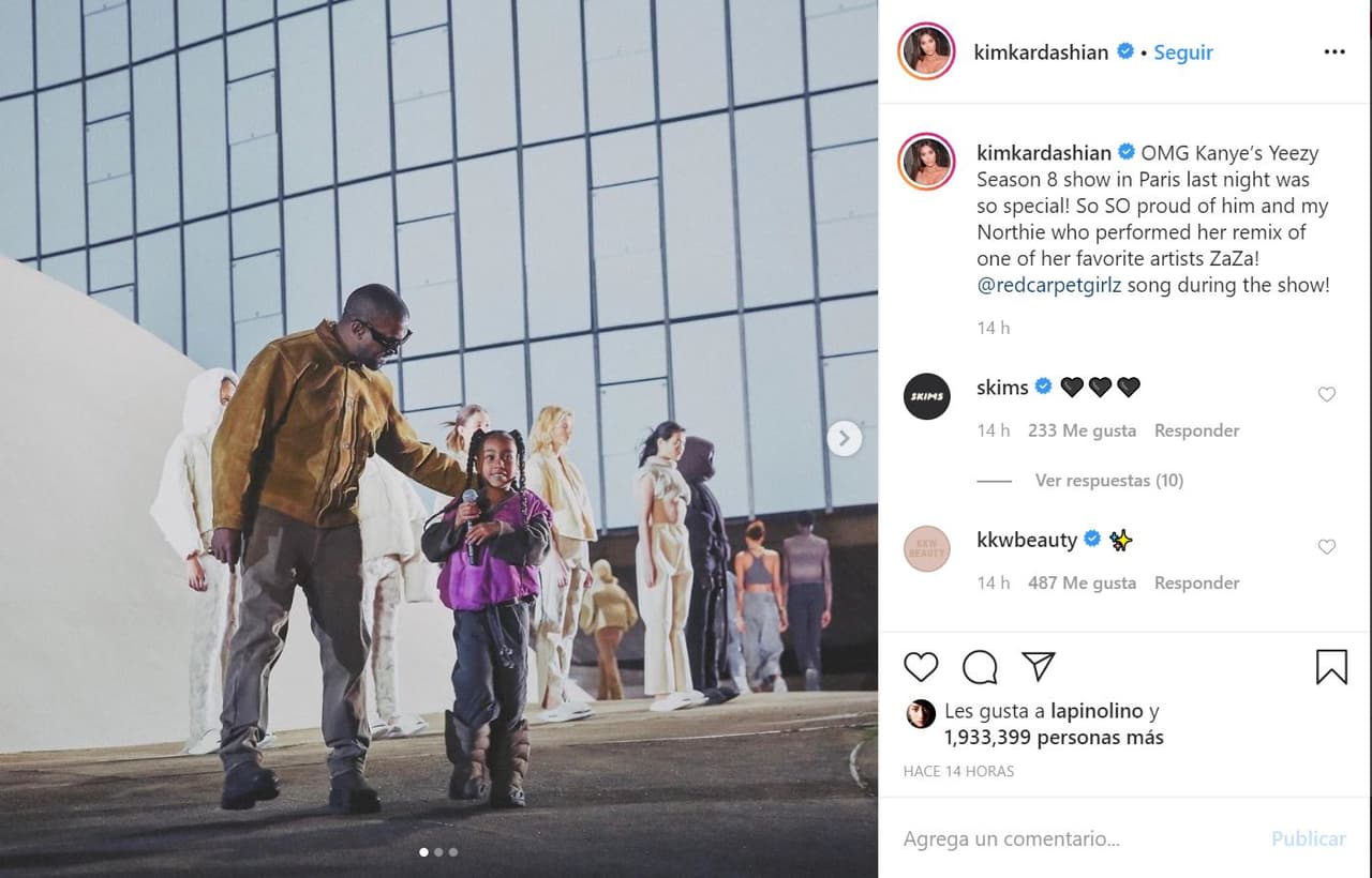 Después del reclamo, Kardashian tomó su propia cuenta para publicar fotos del performance de North en la octava temporada de Yeezy. Escribió: "¡Estoy tan orgullosa de él y de mi 'Northie', que interpretó un remix de uno de sus artistas favoritos, ZaZa!".