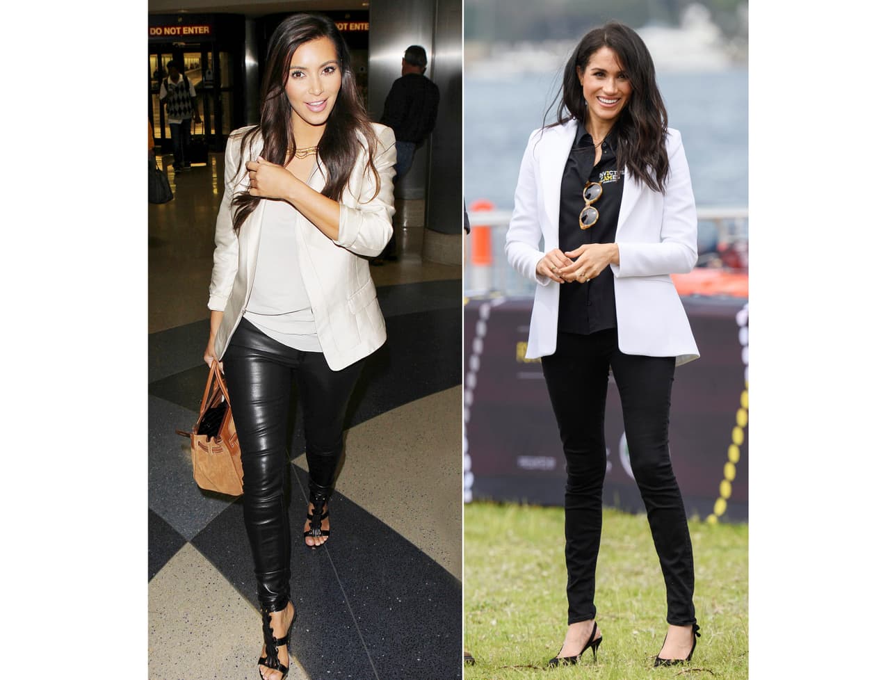 En 2012, Kim Kardashian reveló su gusto por los pantalones de piel, que combinó con una playera gris y un saco tornasolado. Cuatro años después, durante su gira por Australia, Markle fue vista usando unos jeans negros de la marca fundada por Tim Kaeding y Lela Becker en 2010 (Mother), que hizo juego con un blazer blanco de Altuzarra, lentes de sol Illesteva y una camisa negra conmemorativa.