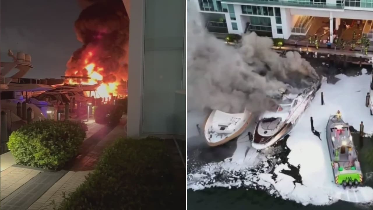 Incendio consume varios botes de lujo en una marina de Sunny Isles Beach