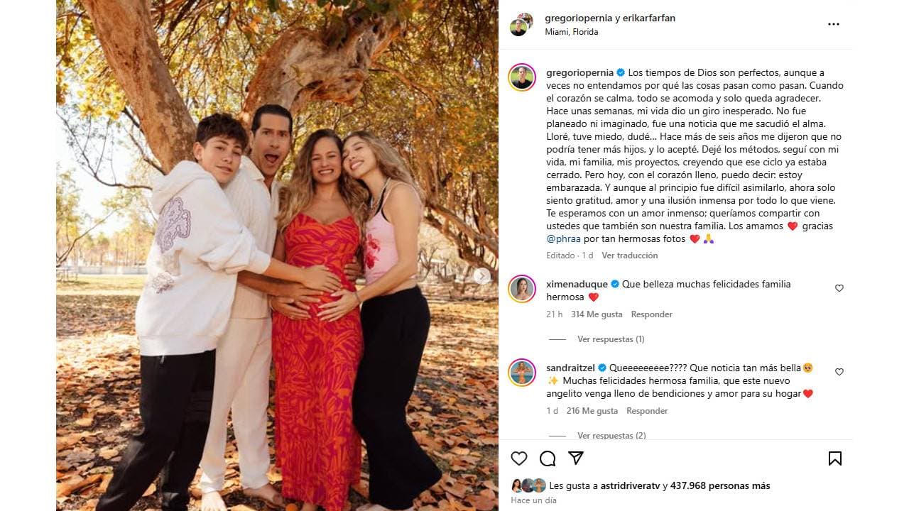 Gregorio Pernía volverá a ser papá a sus 54 años.