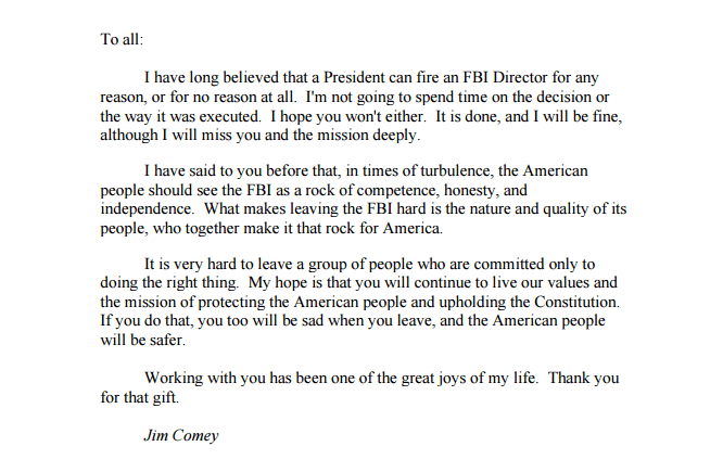 Carta de James Comey tras ser despedido del FBI