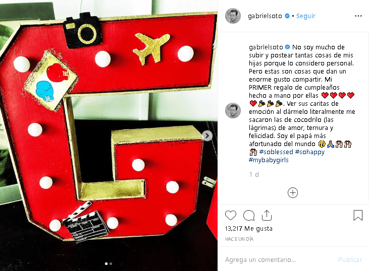 “No soy mucho de subir y postear tantas cosas de mis hijas porque lo considero personal”, escribió Gabriel Soto en el mensaje que compartió con sus más de 3 millones de seguidores.