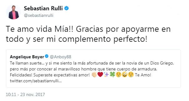 Sebastián no se quedó atrás y le contestó a su novia, causando cientos de 'likes' en Twitter: "Te amo vida Mía!! Gracias por apoyarme en todo y ser mi complemento perfecto!".