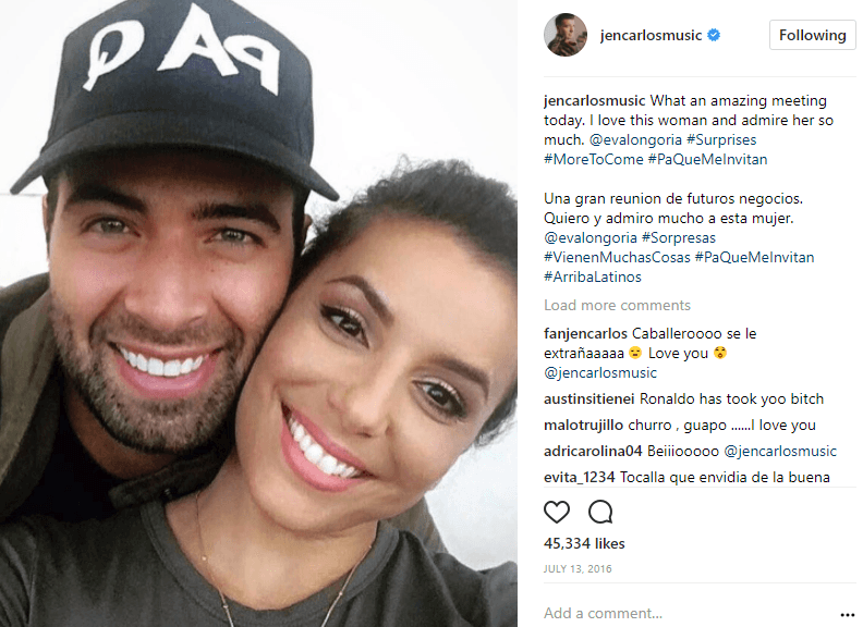 Asimismo, Jencarlos es un ferviente admirador de Eva Longoria lo cual quedó demostrado con una publicación a través de las redes sociales del actor y cantante. "Una gran reunión de futuros negocios. Quiero y admiro mucho a esta mujer Eva Longoria", señaló Jencarlos al compartir esta imagen en la que aparece junto a la actriz.