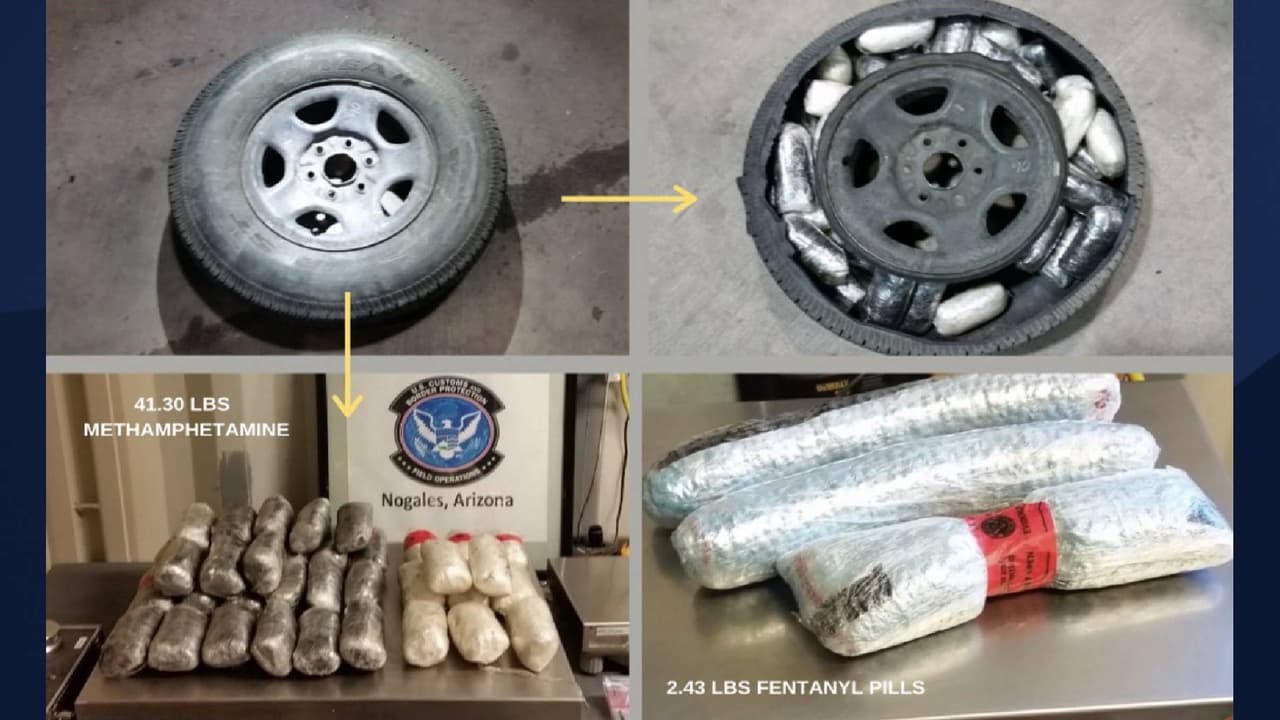 2.43 libras de fentanilo y 41.30 libras de metanfetamina fueron encontrados dentro de una llanta. Parte de estos narcóticos fueron transportados por una persona en el puerto de Nogales. 
<br>