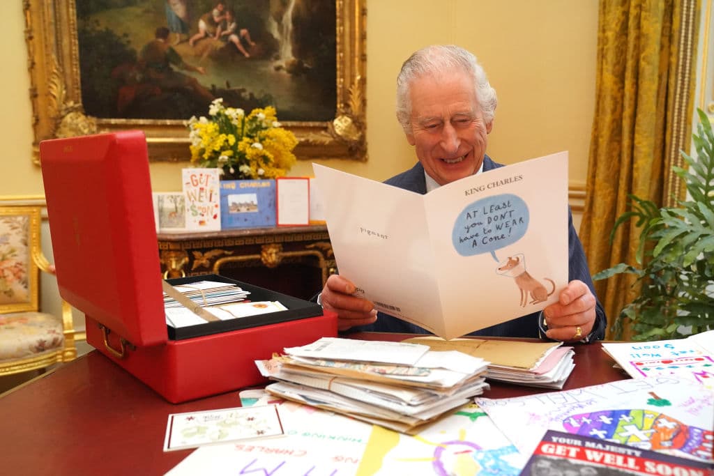 En esta fotografía publicada el 23 de febrero, el rey Carlos III lee tarjetas y mensajes enviados por simpatizantes tras su diagnóstico de cáncer, en la sala del siglo XVIII de la suite belga en el Palacio de Buckingham. El equipo de correspondencia del Palacio recibió más de 7,000 cartas y tarjetas de todo el mundo.