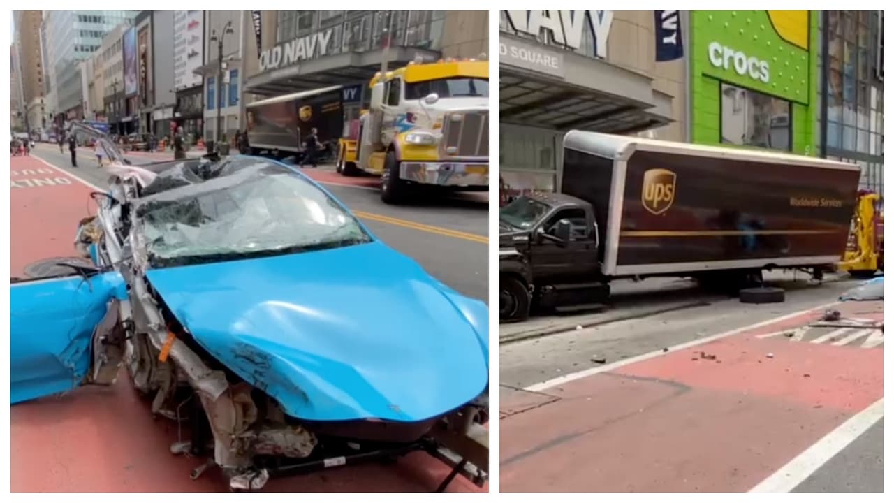 Accidente entre varios vehículos en Herald Square deja a camión de UPS en las puertas de Old Navy
 