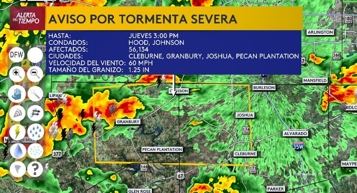Se emite un 
<b>aviso por tormenta severa que afecta áreas de los condados Dallas y Kaufman</b>. Hasta las 3 de la tarde de este jueves, existe riesgo de granizo y fuertes ráfagas de viento.