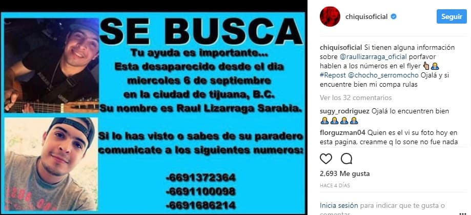 Otro acontecimiento que preocupa a la hija de Jenni Rivera, es la desaparición del cantante de regional mexicano Raúl Lizárraga y en solidaridad subió este 'flyer' a su red para que el mensaje se difunda y además, deseo que su 'compa' 'rulas' se encuentre bien.